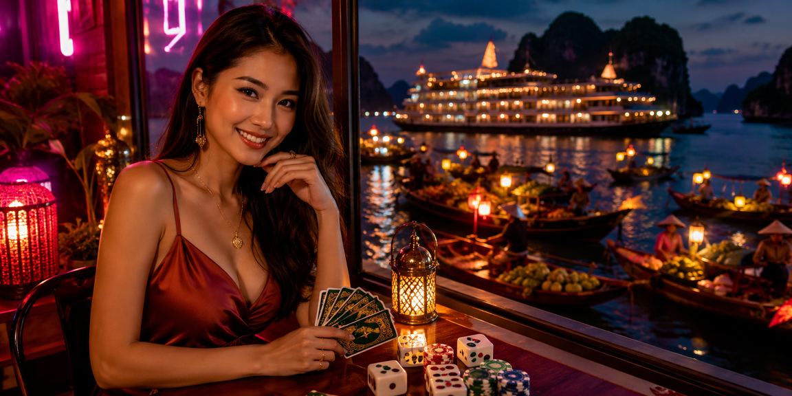 Người chơi thưởng thức trò chơi bài tại vịnh Hạ Long với khung cảnh thiên nhiên hùng vĩ