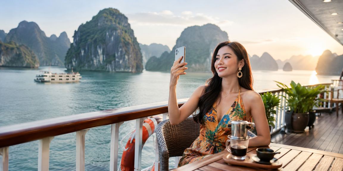 Người chơi mobile casino bên vịnh Hạ Long với cà phê Việt Nam buổi sáng